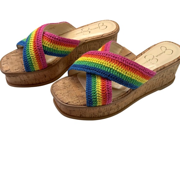 Jessica Simpson Rainbow Crochet Platform‎ Wedge Sandals Slides Size 9 - Picture 1 of 7